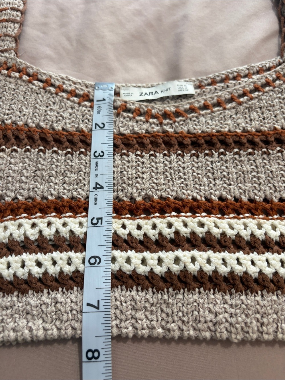 Zara Knit Brown & Cream Striped Crochet Cropped Tank - Picture 7 of 10